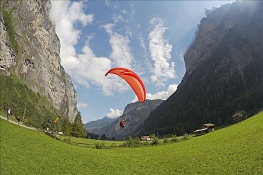瑞士,伯恩高地,滑翔伞,进入,陆地