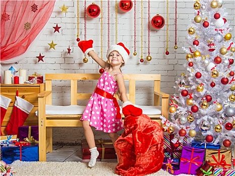 女孩,帽,连指手套,圣诞老人,跳舞,包,圣诞礼物