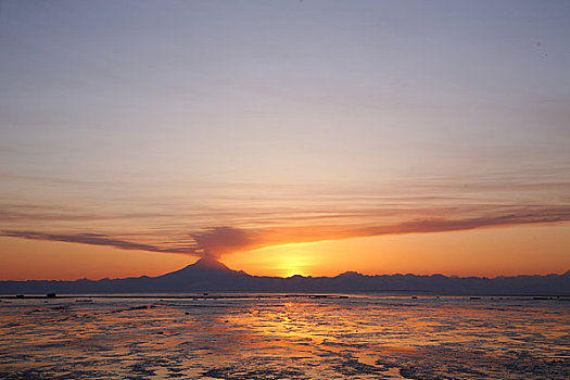火山灰,云,山,日落,退潮,靠近,阿拉斯加