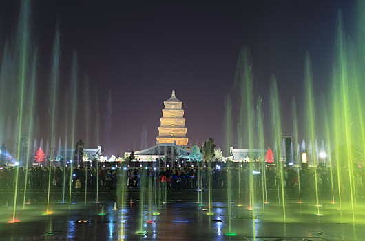 喷泉,大雁塔,夜晚,漂亮,音乐,西安,