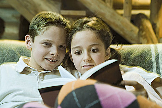 男童,女孩,读,书本,一起