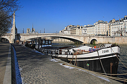 塞纳河,桥,货船,巴黎圣母院,巴黎,法国,欧洲