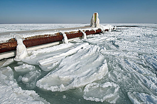 冰,码头,冰冻,黑海,稀有,现象,时间,敖德萨,乌克兰,东欧