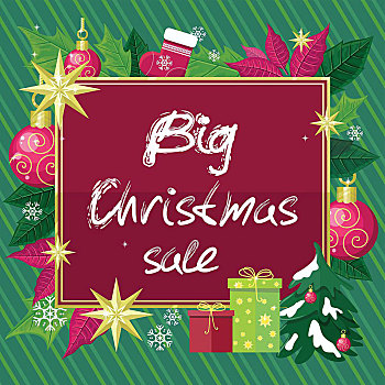 大,圣诞节,销售,矢量,概念,设计,插画,叶子,玩具,礼盒,袜子,星,雪花,绿色,条纹,背景,寒假,购物,折扣,风格