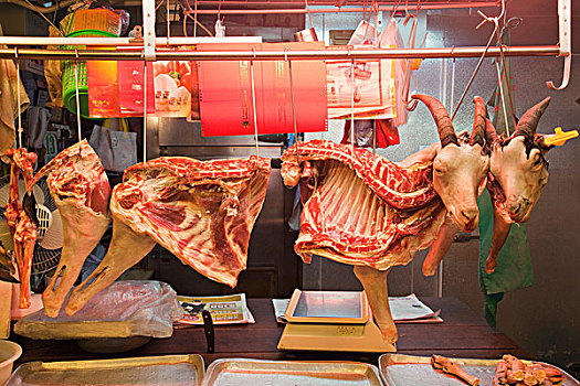 中国,香港,肉,店,羊肉,展示