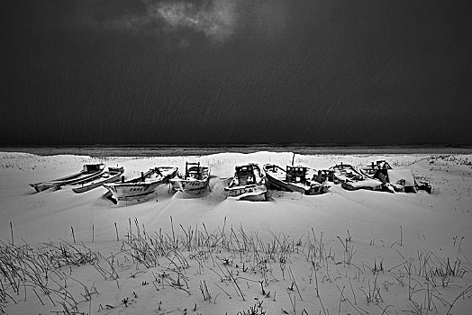 渔船,躺着,干燥,陆地,积雪,冰,冬天