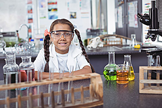 头像,小学生,穿,防护眼镜,实验室,书桌,科学