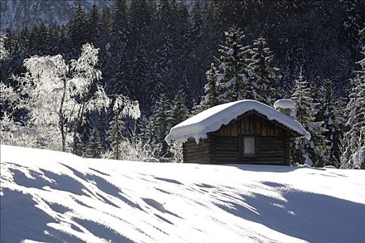 积雪,小屋,阿尔卑斯山,上巴伐利亚,巴伐利亚,德国,欧洲