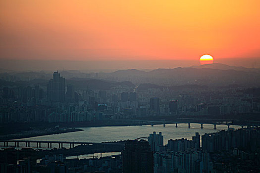 韩国,首尔,日落,河