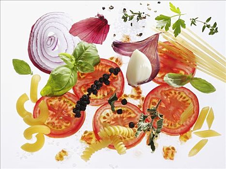 意大利面,西红柿,药草,调味品,洋葱,蒜