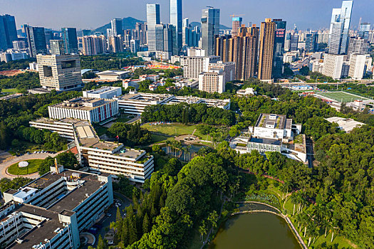 航拍深圳大学上空风光与南山高楼大厦片区风光