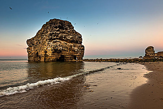 大,岩石构造,海岸,日落,南,泰恩-威尔,英格兰
