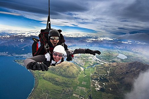 一前一后,高空跳伞,上方,壮观,皇后镇,南岛,新西兰