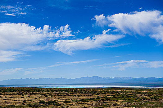 蓝天下的库布齐沙漠七星湖