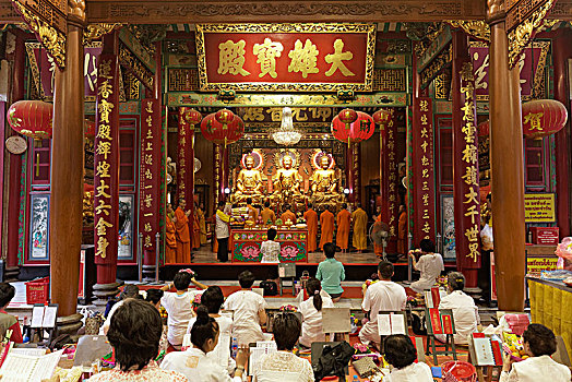 祈祷,和尚,信徒,寺院,中国,佛教寺庙,曼谷,泰国,亚洲