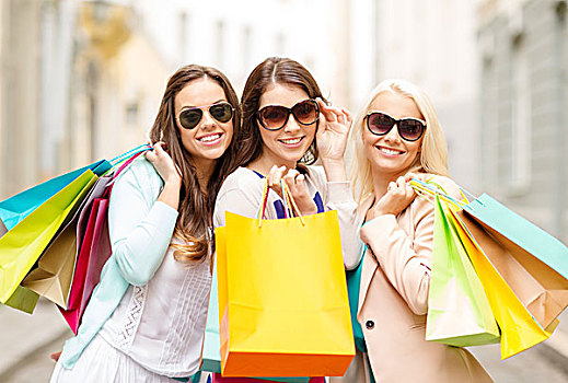 购物,销售,高兴,人,旅游,概念,三个,美女,女孩,墨镜,购物袋