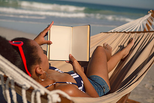 女人,读,书本,放松,吊床,海滩