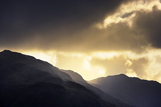 日落,上方,山峦,特罗萨克斯山,苏格兰