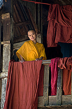 缅甸,巴格,僧侣,穿,黄色,栅栏,红色,布,弄干