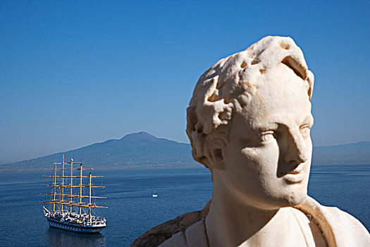 雕塑,快船,船,背景,索伦托,伊特鲁里亚海,坎帕尼亚区,意大利