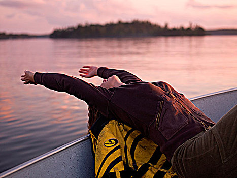 女孩,放松,船,日落,湖,木头,加拿大