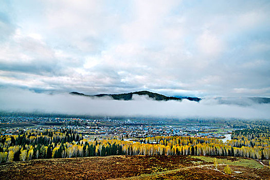 新疆,禾木,早晨,村落,木屋,雾