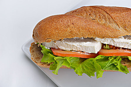 新鲜,三明治,特写,蔬菜,肉,鱼肉,隔绝,白色背景,背景