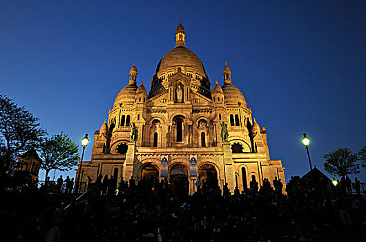 夜景,圣心堂,大教堂,蒙马特尔,地区,巴黎,法国,欧洲