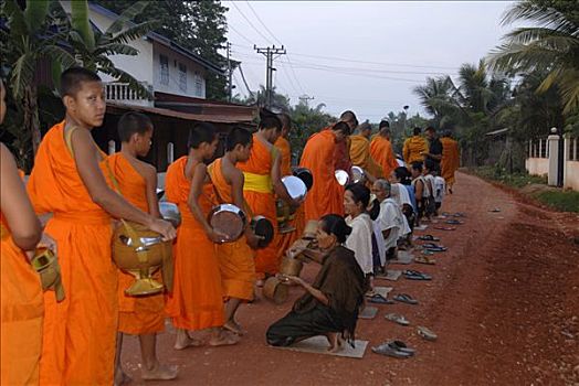 僧侣,佛教,寺院,稻米,宗教,村民,早晨,老挝,亚洲