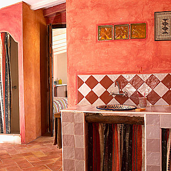 地中海,浴室,温和,红色,水池架,淋浴,图案,帘