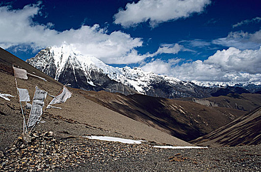 不丹,喜马拉雅山,雪冠,山,背景,经幡,山坡