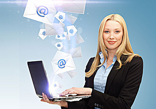 商务,沟通,互联网,概念,职业女性,拿着,笔记本电脑,电子邮件,标识