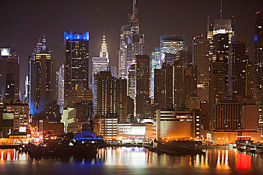 曼哈顿,水岸,夜晚,纽约,美国