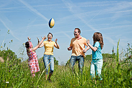 家庭,玩,高兴,球,花,草地