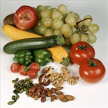 多样,蔬菜,水果,坚果,浅色背景