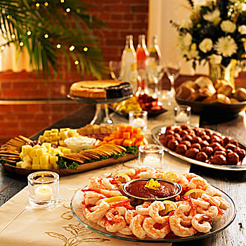鸡尾酒虾,大浅盘,桌子,种类,聚会,浅盘