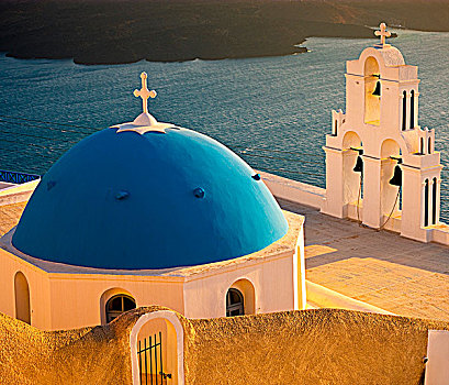 希腊,基克拉迪群岛,锡拉岛,教堂,圆顶,钟楼,夜光