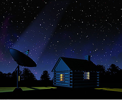小,家,碟形卫星天线,夜晚