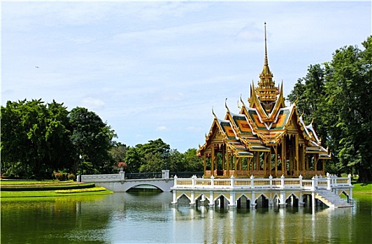 挽巴茵夏宫,人工湖,桥,庙宇,皇家,颐和园,靠近,曼谷,泰国