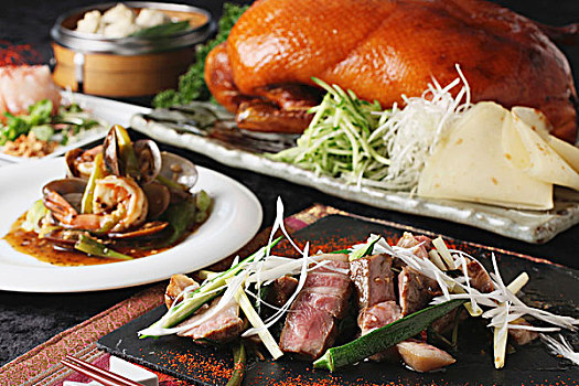 中国,自助餐,烤制食品,牛肉,北京烤鸭,对虾,蔬菜