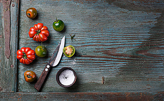 绿色,红色,西红柿,盐,刀
