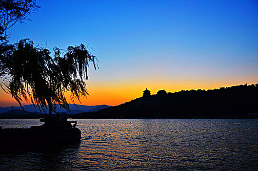 落日映照下的颐和园昆明湖