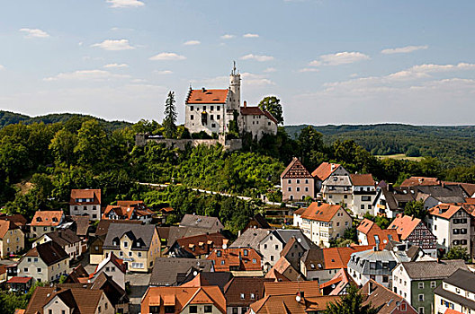 风景,山,城堡,城镇,弗兰哥尼阶,瑞士,弗兰克尼亚,巴伐利亚,德国,欧洲