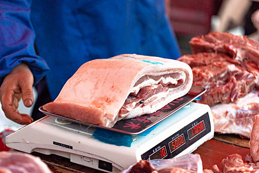 冬季,早市的猪肉摊位上商贩正在给切好的肉块过称