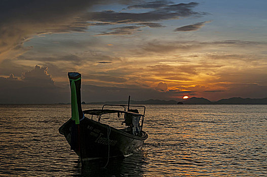 长,尾部,渔船,日落,皮皮岛,泰国