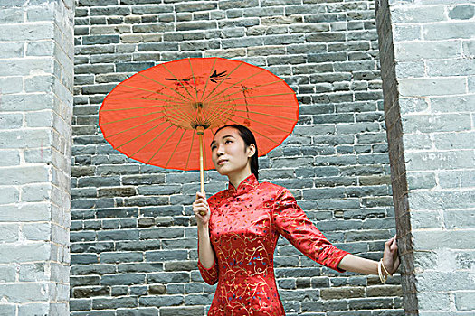 美女,穿,传统,中国人,衣服,站立,伞,上半身