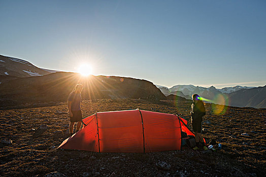 两个人,红色,帐蓬,山景,夜光,格陵兰,北美