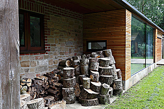 木柴,一堆,现代住宅,木质,石墙