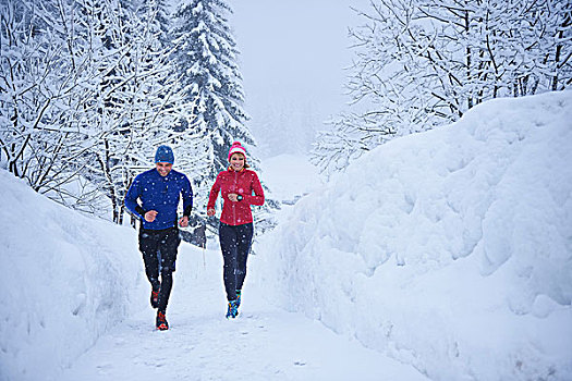 女性,男性,跑步,跑,落下,雪,瑞士