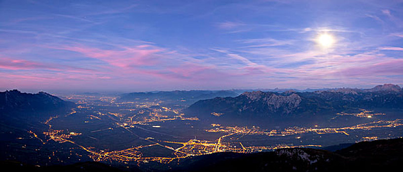 光亮,莱茵河谷,夜晚,满月,山,瑞士,欧洲